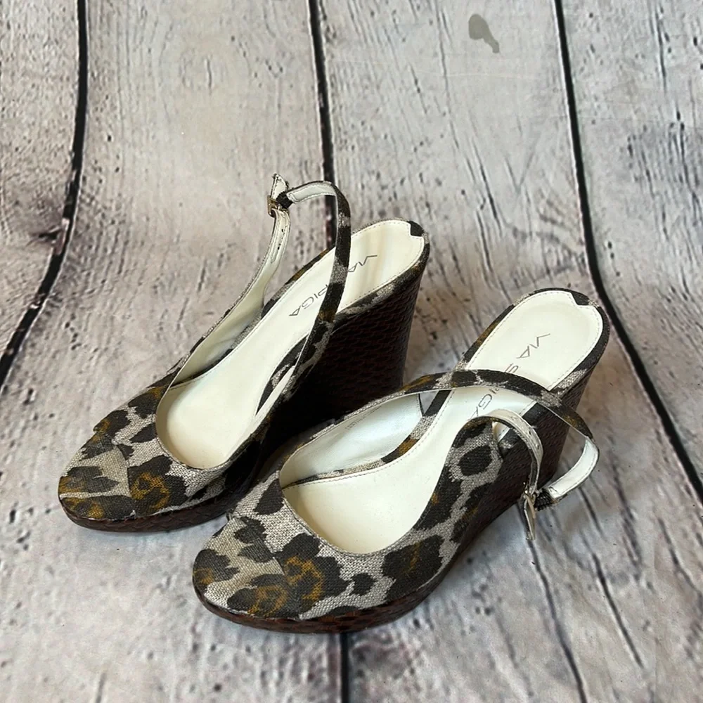 Via Spiga Brown Leopard Linen Leather Lining Slingback Wedge Sandals Size 6.5